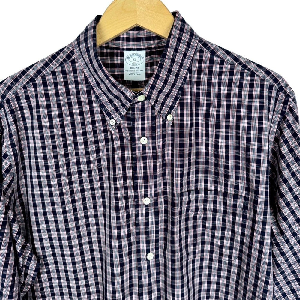 Brooks Brothers Regent Navy Plaid Button Down Shirt Mens XL Cotton Long Sleeve
